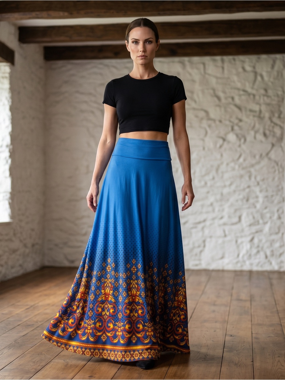 LuLaRoe Beautiful Boho Inspired Maxi Skirt with Orange-Gold Ornate Border